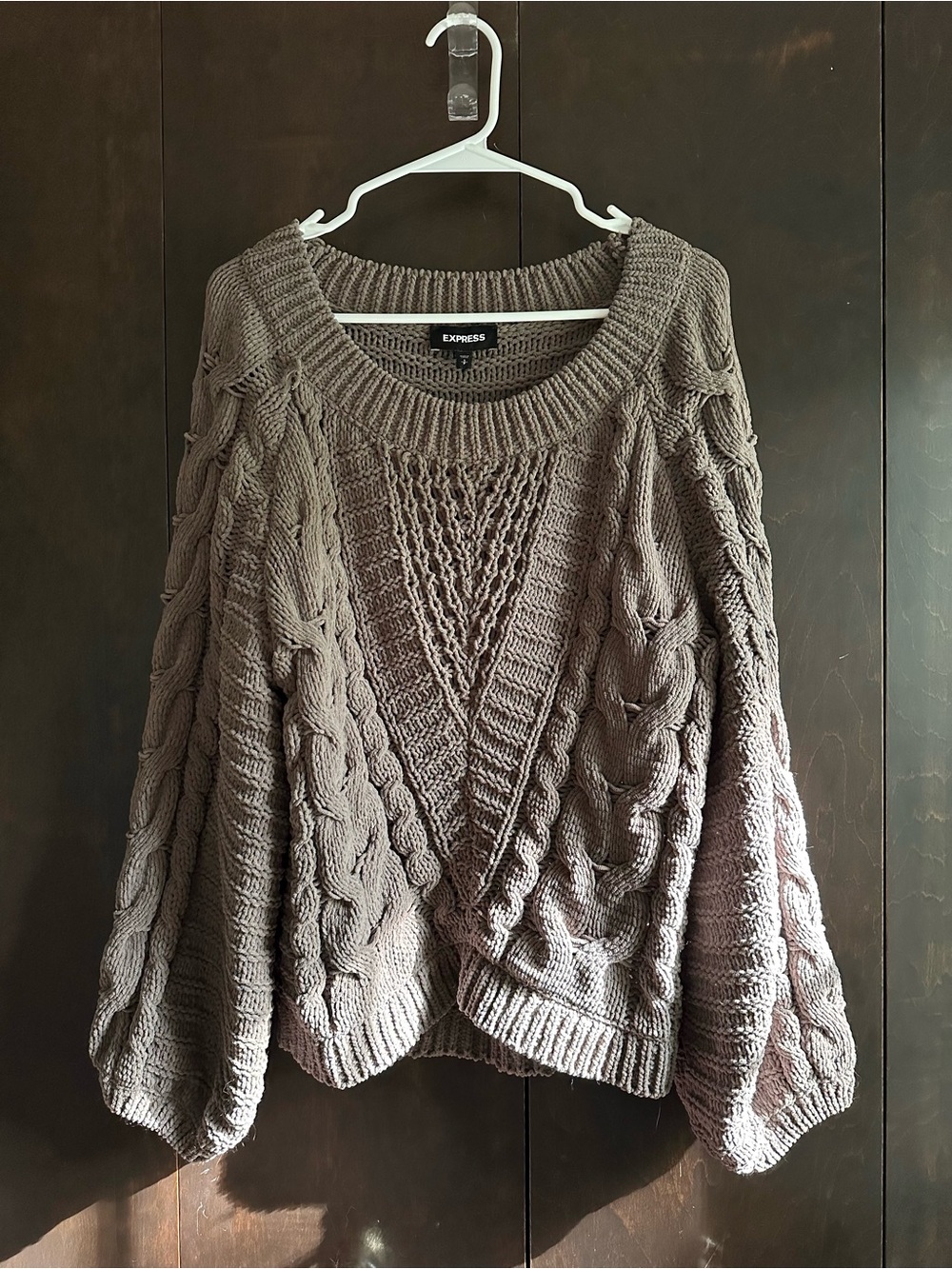 Express Womenโs Taupe-Brown Cable Knit Bell Cuffed Sleeve Scoop Sweater